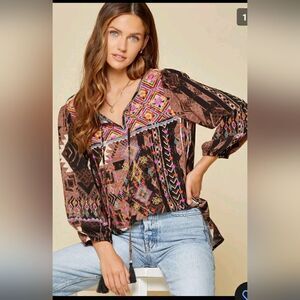 Savanna jane Patchwork Print Top w/tassel Tie Size s